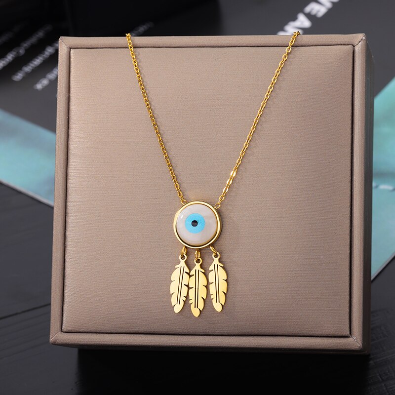 Evil Eye Necklace for Women Stainless Steel Gold Color Feather Pendants Necklaces 2023 Trend Aesthetic Jewelry collares