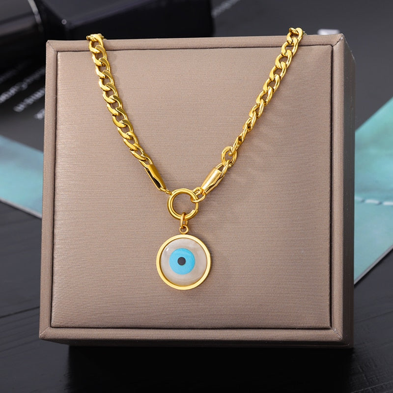 Evil Eye Necklace for Women Stainless Steel Gold Color Feather Pendants Necklaces 2023 Trend Aesthetic Jewelry collares