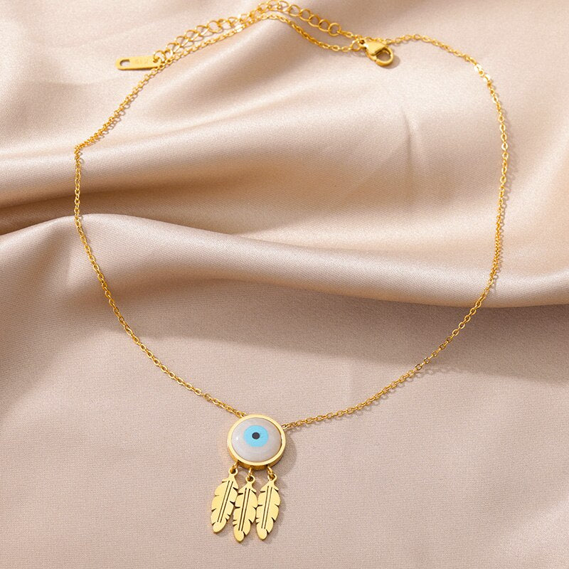 Evil Eye Necklace for Women Stainless Steel Gold Color Feather Pendants Necklaces 2023 Trend Aesthetic Jewelry collares