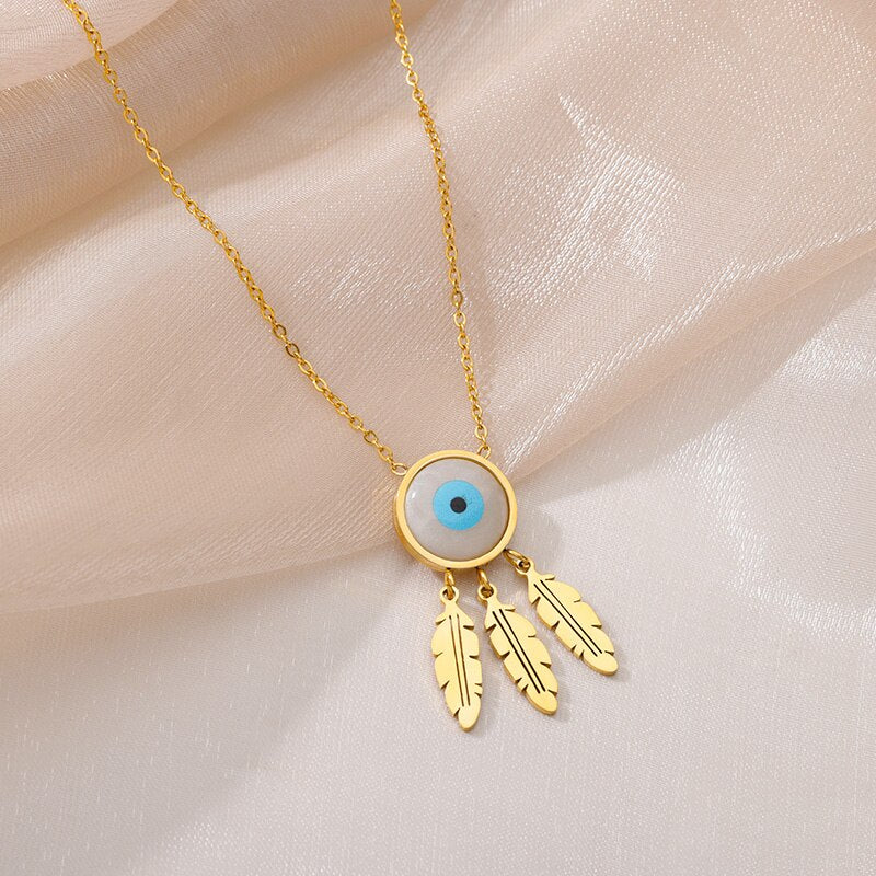 Evil Eye Necklace for Women Stainless Steel Gold Color Feather Pendants Necklaces 2023 Trend Aesthetic Jewelry collares