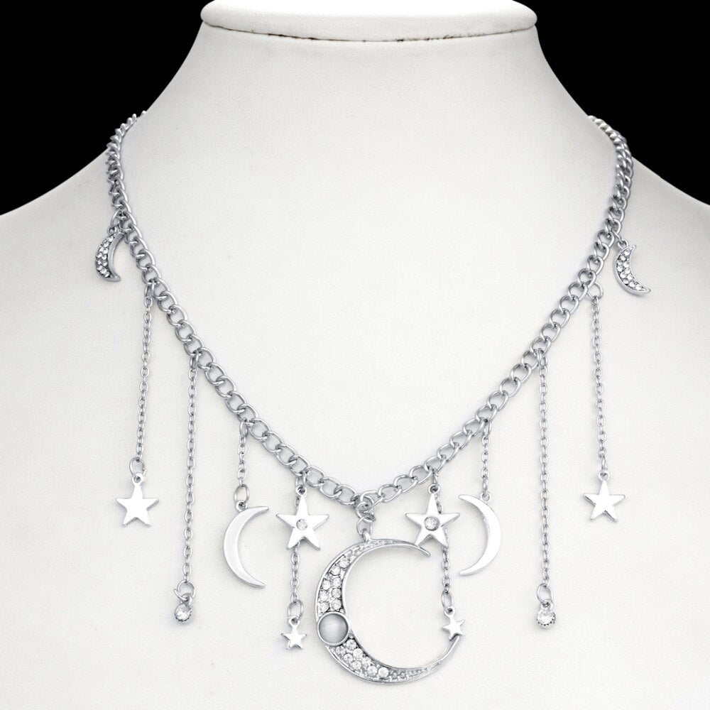 Exaggerated Crystal  Star Moon Necklaces Gold Color Long Tassel Pendant Choker Necklace Collar Boho Retro Short Jewelry Charms