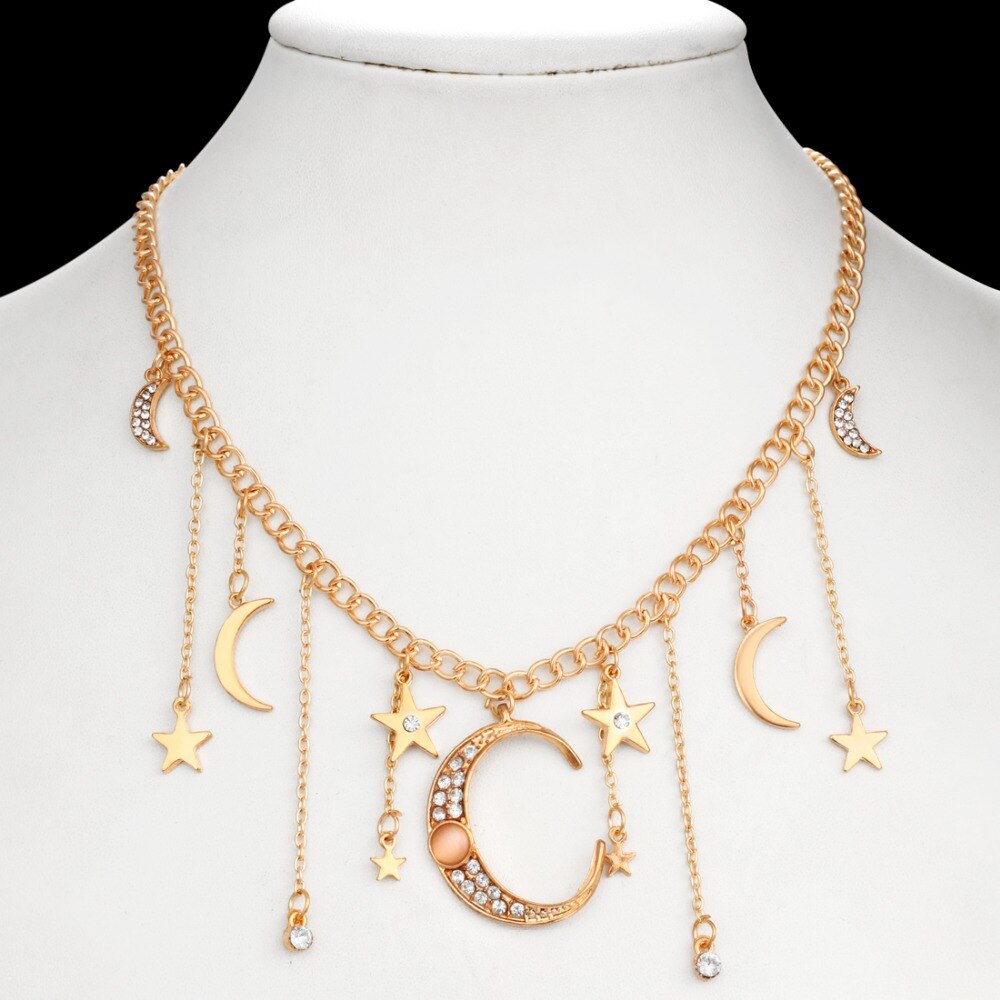 Exaggerated Crystal  Star Moon Necklaces Gold Color Long Tassel Pendant Choker Necklace Collar Boho Retro Short Jewelry Charms
