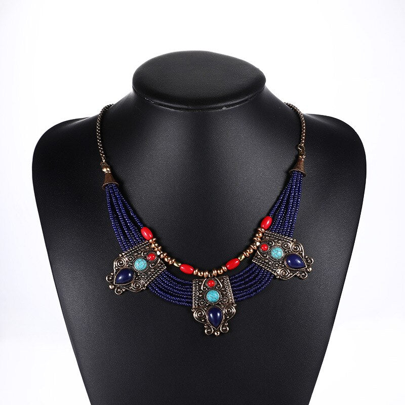 Exaggerated Ethnic Antique Gold Color Chunky Pendant Statement Multilayer Seed Beads Rope Chain Necklace for Women Jewelry