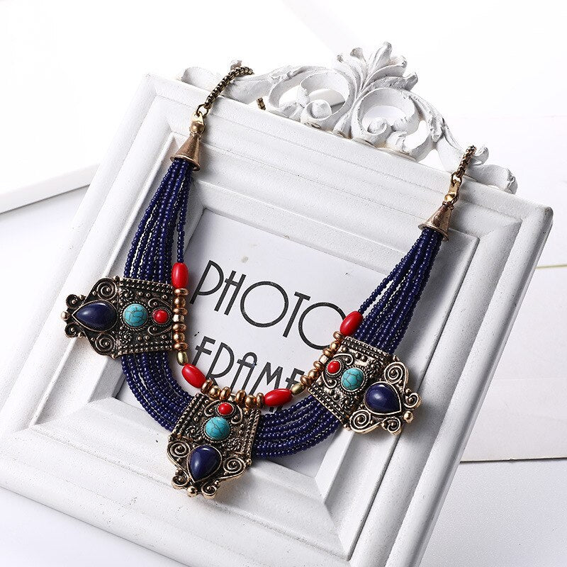 Exaggerated Ethnic Antique Gold Color Chunky Pendant Statement Multilayer Seed Beads Rope Chain Necklace for Women Jewelry