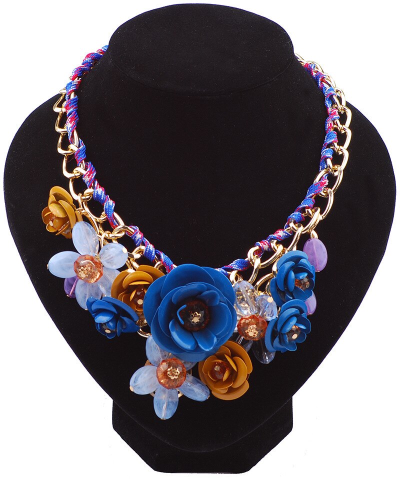 Exaggerated Handmade Colorful Crystal Flower Necklace Retro Women Collar Clavicle Chain Choker Bib Statement Necklace Accessory