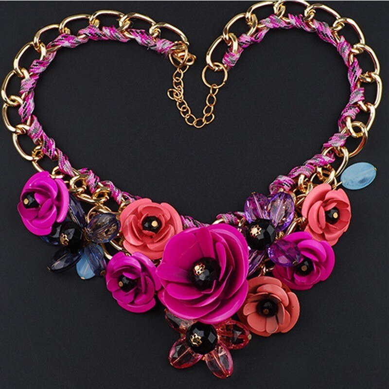 Exaggerated Handmade Colorful Crystal Flower Necklace Retro Women Collar Clavicle Chain Choker Bib Statement Necklace Accessory