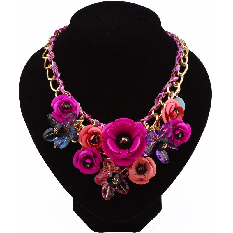 Exaggerated Handmade Colorful Crystal Flower Necklace Retro Women Collar Clavicle Chain Choker Bib Statement Necklace Accessory