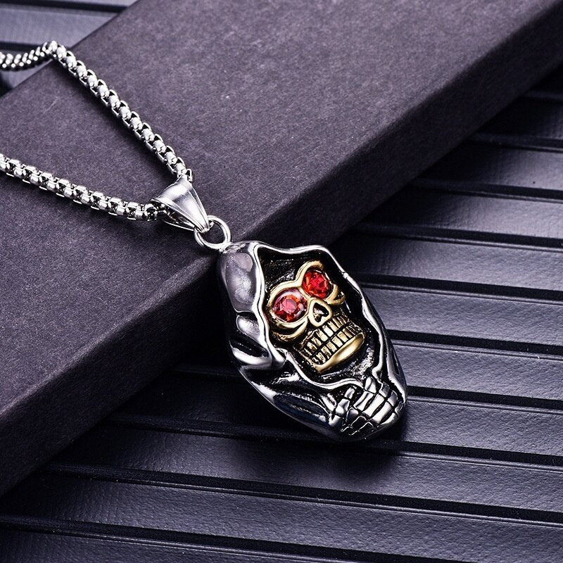 Exaggerated Horror Skull Pendant Men's Necklace Bohemian Red Crystal Inlaid Sliding Metal Pendant Necklace AccessorieJewelry