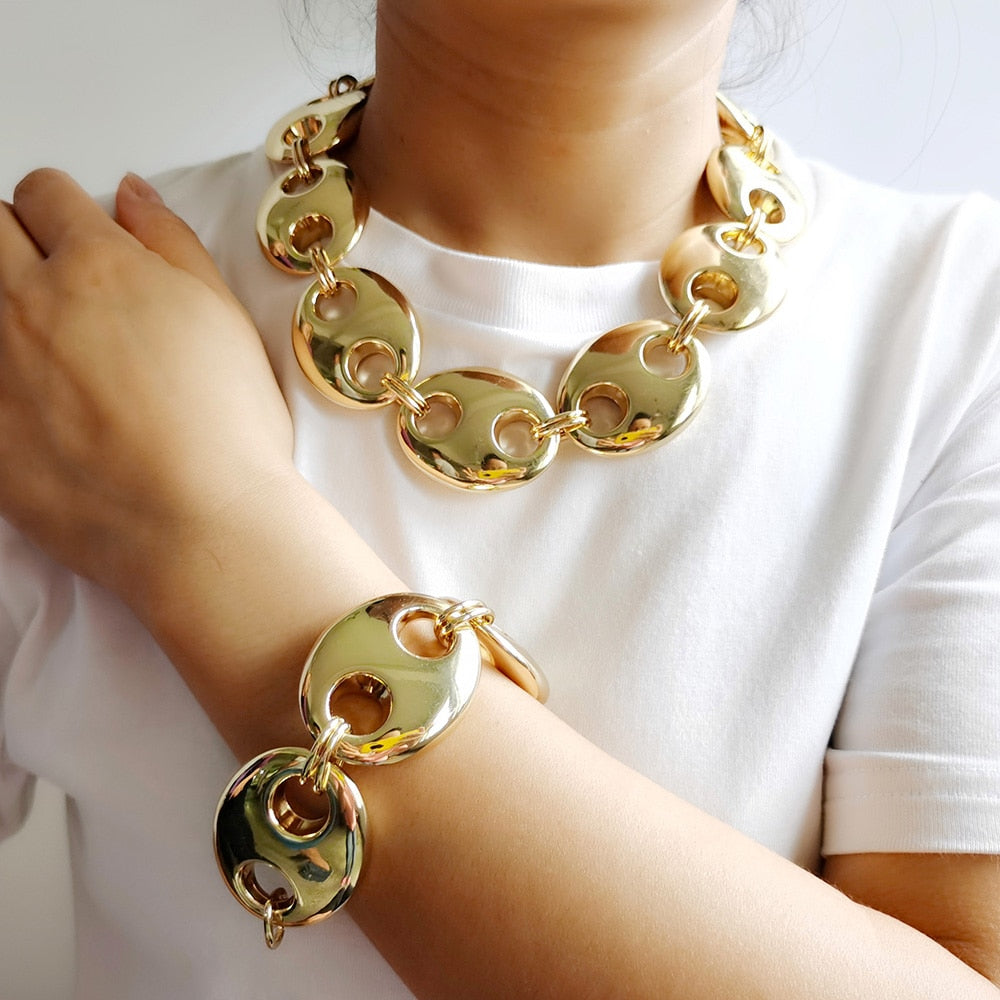 Exaggerated Punk Thick CCB Metallic Golden Oval Short Necklace Women Men Handmade  Collar Necklace Punk Gift