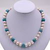 Exclusive 9-10mm Thread White Pearl Beads Blue Turquoises Bib Pearls Strand Necklace Brand Jewelry 2020