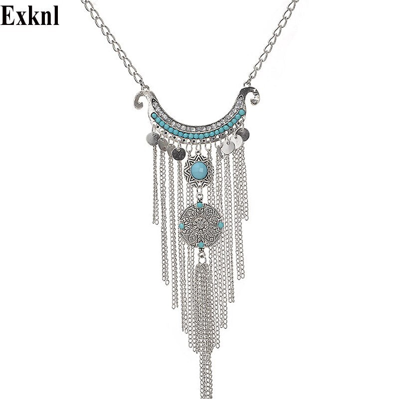Exknl Brand 2019 Bohemian Vintage Necklace Antique Jewelry Long Tassel Necklace Maxi Statement Necklace For Women