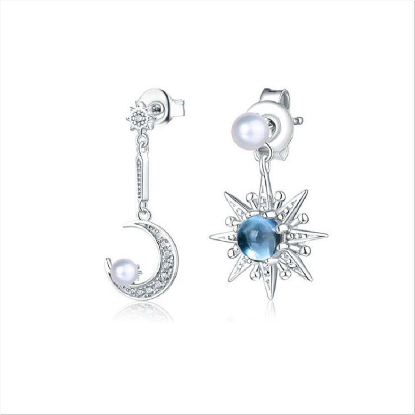 Explosion models 925 sterling silver asymmetric star moon pearl topaz powder crystal Korean temperament earrings female J0164