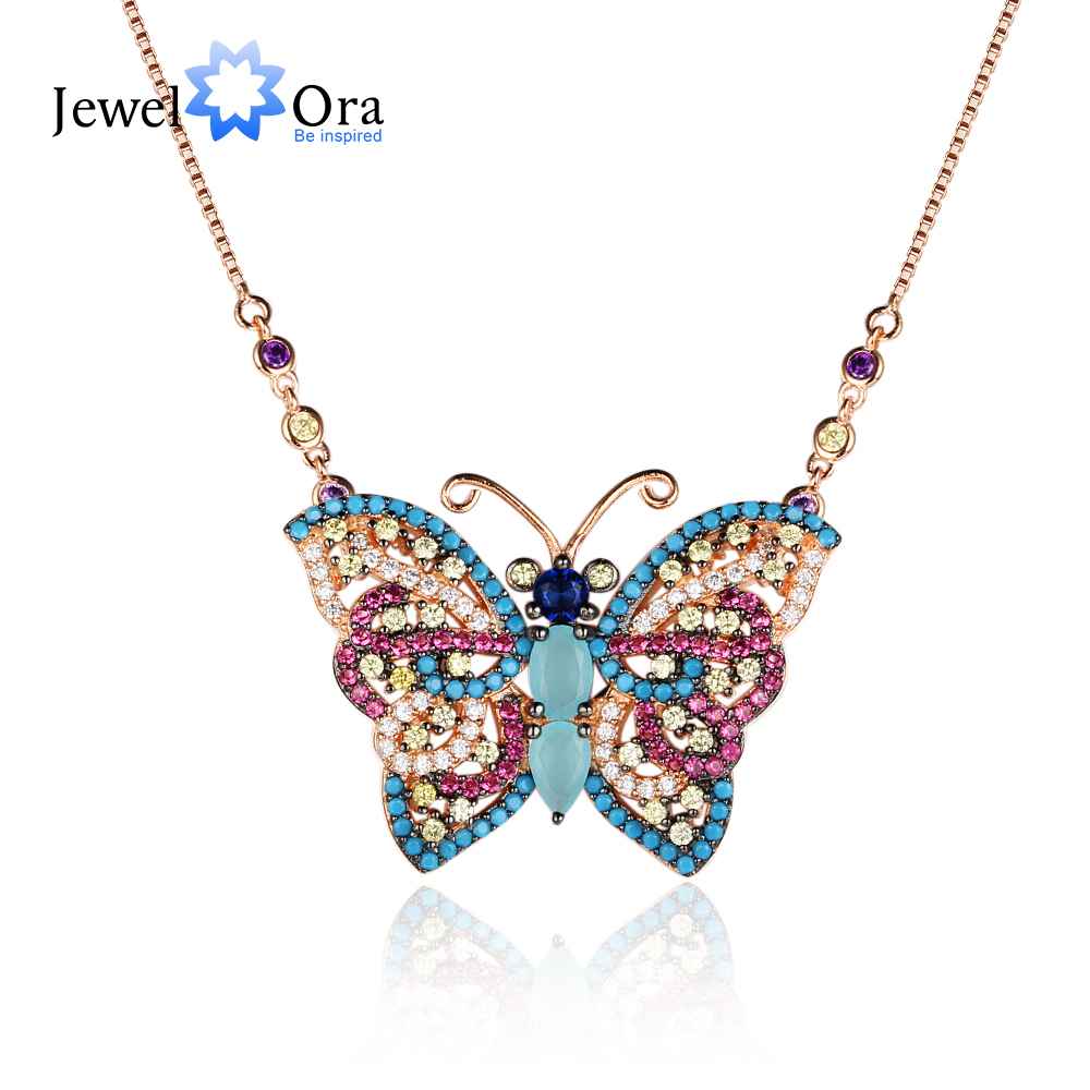 Exquisite Butterfly Cubic Zirconia 925 Sterling Silver Gold Necklaces For Women Pendants Decoration Dress Coat(JeweloraNE10291)