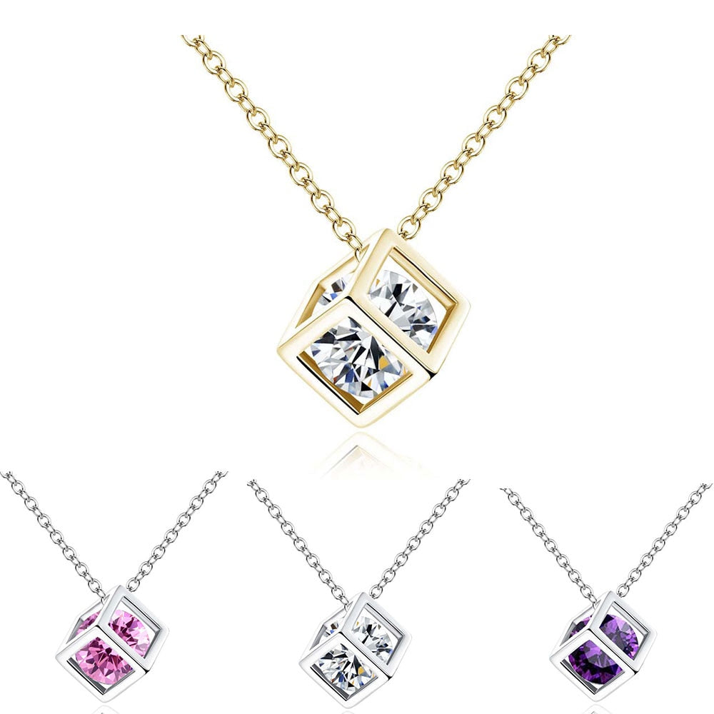 Exquisite Square Rubik's Cube Shape Crystal Three-dimensionalPendant Necklace CZ Women Females Chocker Clavicle Candy Jewelry