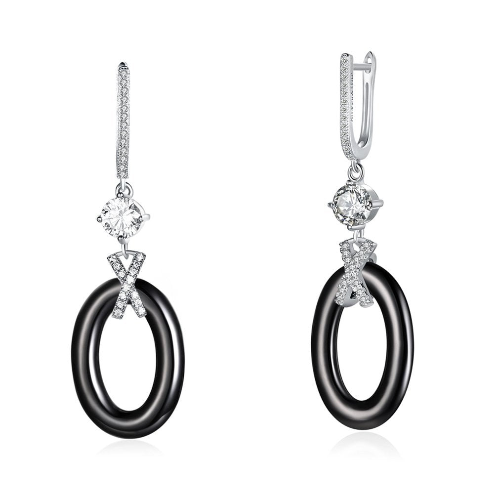 Exquisite Women 925 Silver Zircon Drop Earrings Dual Round Pendant Ceramic Long Dangle Bridal Earring Wedding Party Jewelry Gift