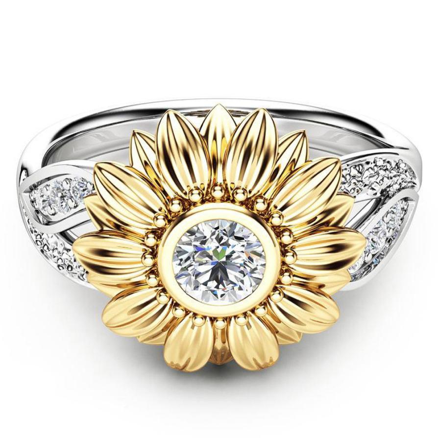 Exquisite Women's Two Tone Silver Floral Ring Round Gold Sunflower Jewelry Accessories Amazing  s Women jewelry ring