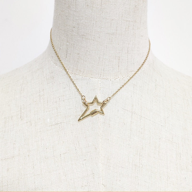 Exquisite simple gold color chain necklace star shape spiral buckle pendant short women collier stainless steel цепь man