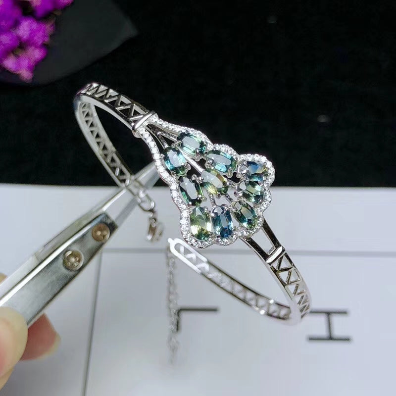 Extravagant Fan geometry natural sapphire gem bangles natural gemstone Bracelet 925 sterling silver woman party fine jewelery