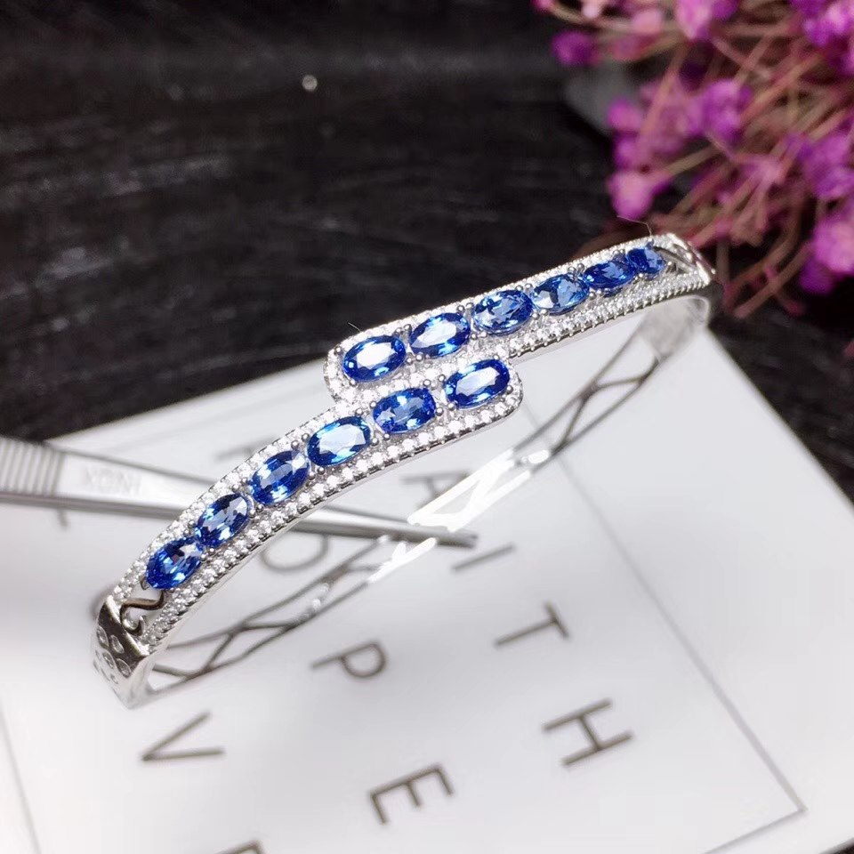 Extravagant overlapping natural blue sapphire gem bangles natural gemstone Bracelet S925 silver woman party gift fine jewelery