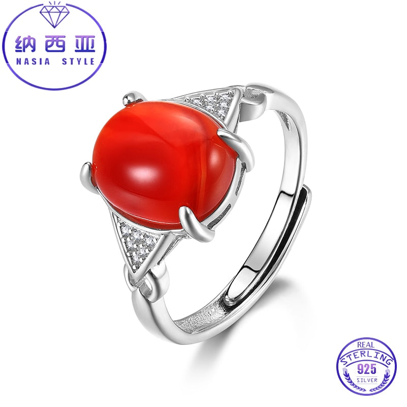 Eye-Catching Red Agate Rings For Female Elegant Classics Prong Setting Gemstone Ring 925 Sterling Silver Jewelry
