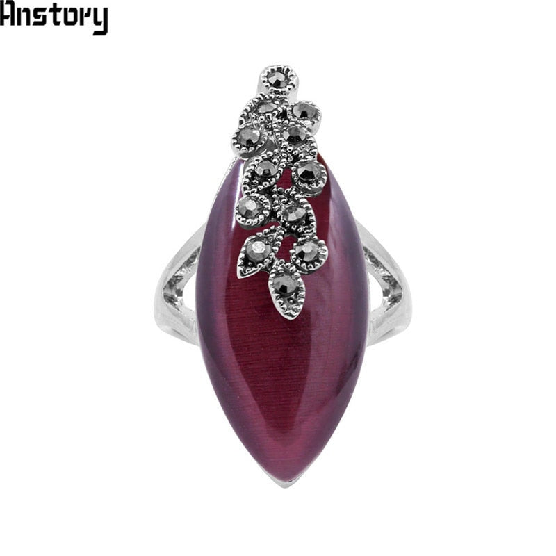 Eye Shape Opal Resin Rings Vintage Plant Leaf Rings For Women Antique Silver Plated Fashion Jewelry