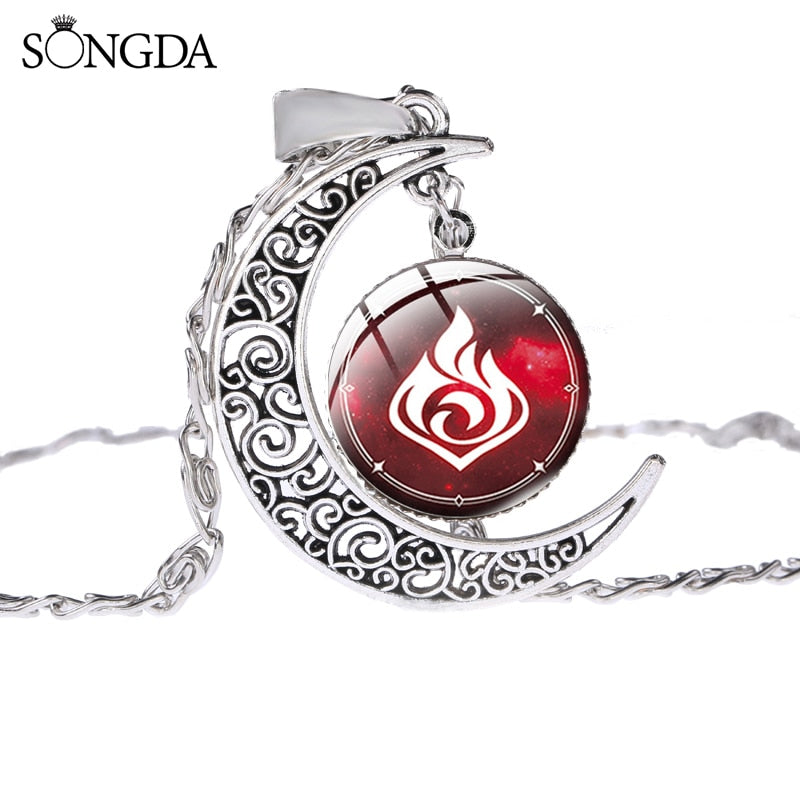 Eye of God Time Gem Pendant Necklace Genshin Impact 7 Elements Game Glass Cabochon Moon Shape Necklace Cosplay Jewelry for Fans