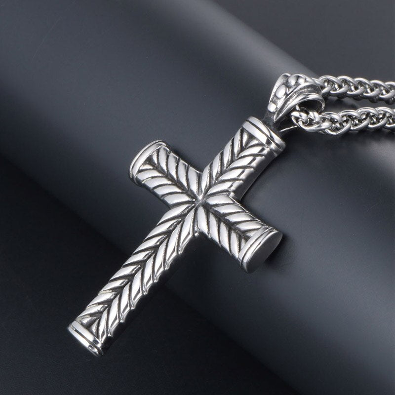 EyeYoYo Wheat Ears Cross Pendant Necklace Men Male 316 Stainless Steel Vintage Cruz Necklaces