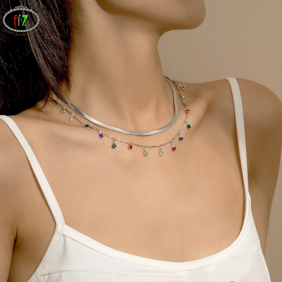 F.J4Z 2021 Trend Women's Statment Necklaces Vintage Colorful Stone Beaded Charms+Snake Chain Necklace Lady Summer Jewelry