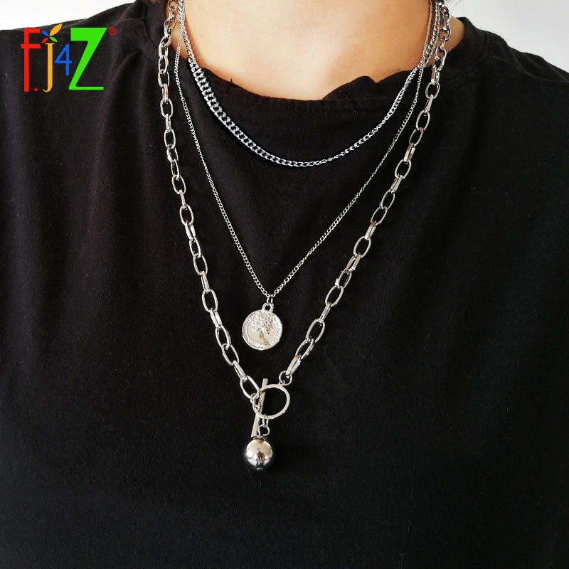 F.J4Z Punk Men's Necklaces Multi-layers Chain Dog Tag Ball Pendants Necklaces Long Collars Hithop Women Necklaces Jewelry Gifts