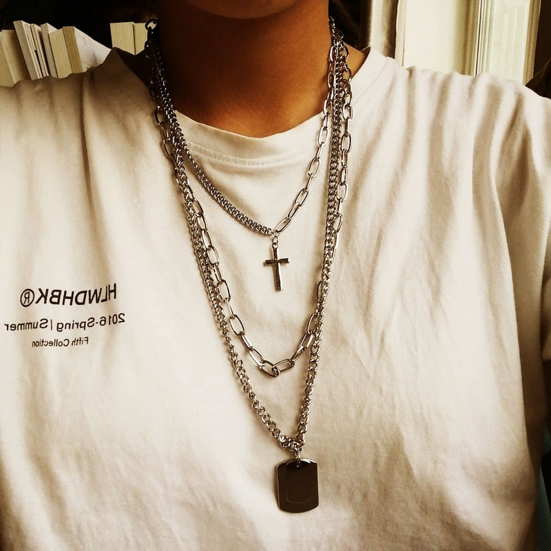 F.J4Z Punk Men's Necklaces Multi-layers Chain Dog Tag Ball Pendants Necklaces Long Collars Hithop Women Necklaces Jewelry Gifts