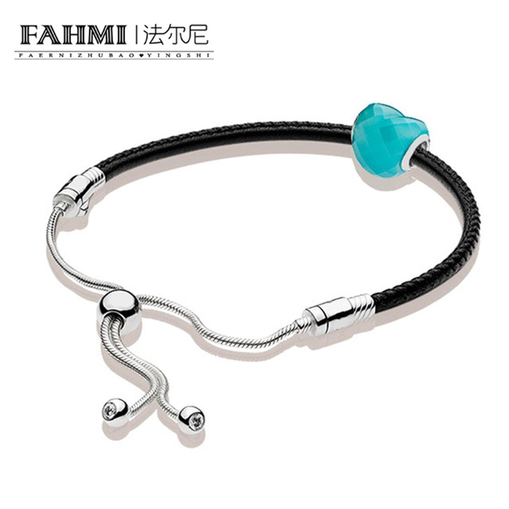 100% 925 Sterling Silver 1:1 Genuine Summer Basic Leather Hand Strap Blue Love Beaded Glamour Original Women Jewelry