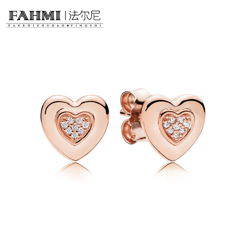 100% 925 Sterling Silver 287382CZ ROSE LOGO HEART EARRING STUDS Charm Earrings Original Women Wedding Fashion Jewelry