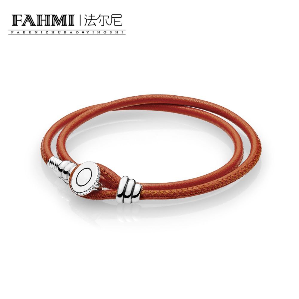 100% 925 Sterling Silver 597194CSO-D-1 MOMENTS Spicy Orange Double Leather Bracelet with Button Clasp Original Women's