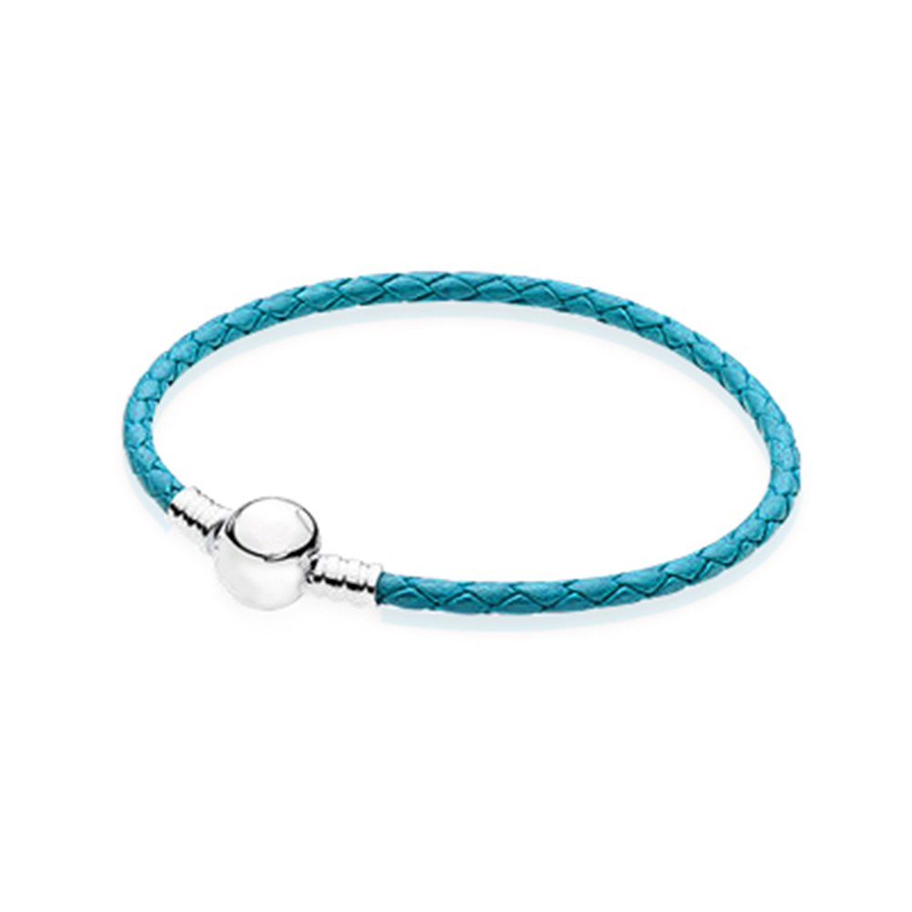 100% 925 Sterling Silver Charming Round Blue Buckle Leather Hand Strap Classic Casual Women Suitable Gift Original Jewelry