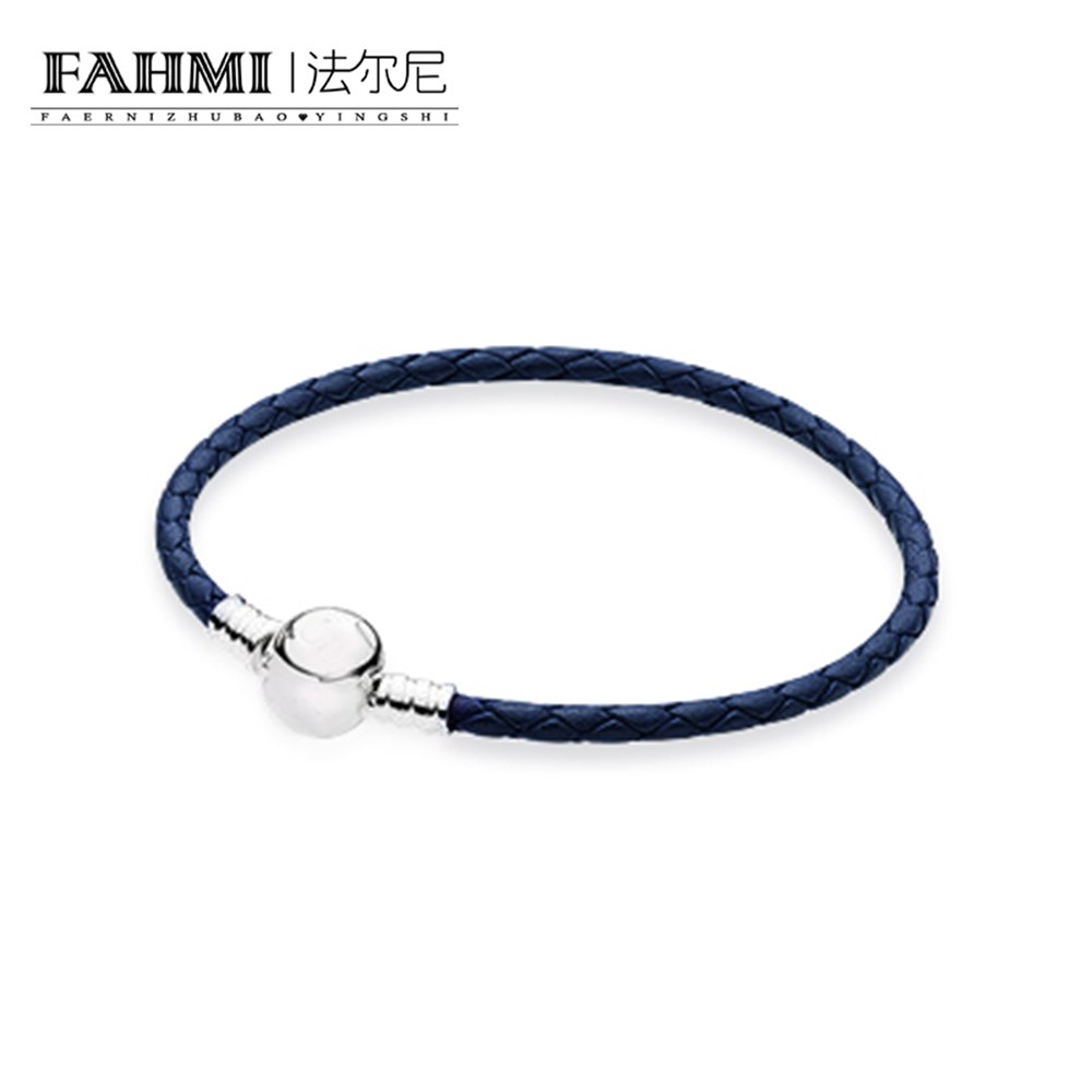 100% 925 Sterling Silver Charming Round Dark Blue Buckle Leather Hand Strap Classic Casual Women Suitable Gift Jewelry