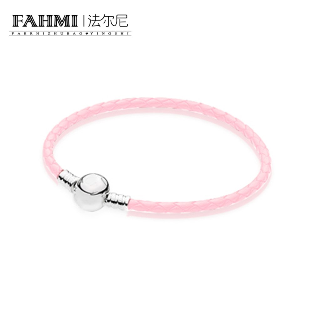 100% 925 Sterling Silver Charming Round Pink Buckle Leather Hand Strap Classic Casual Women Suitable Gift Jewelry