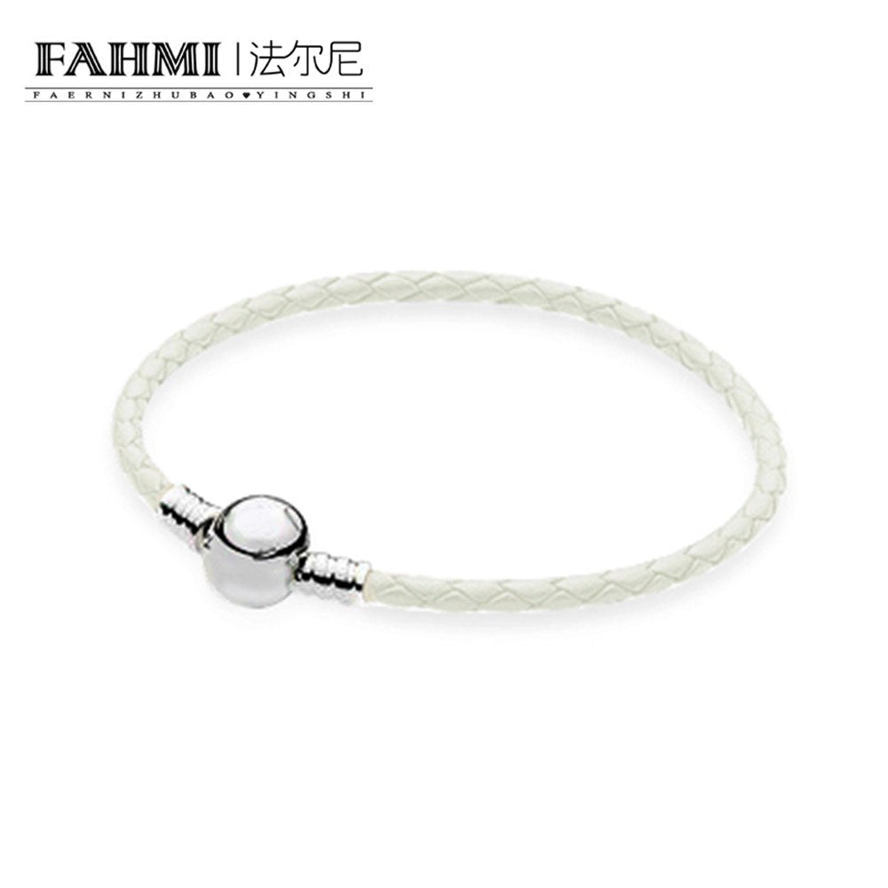 100% 925 Sterling Silver Charming Round White Buckle Leather Hand Strap Classic Casual Women Suitable Gift Jewelry