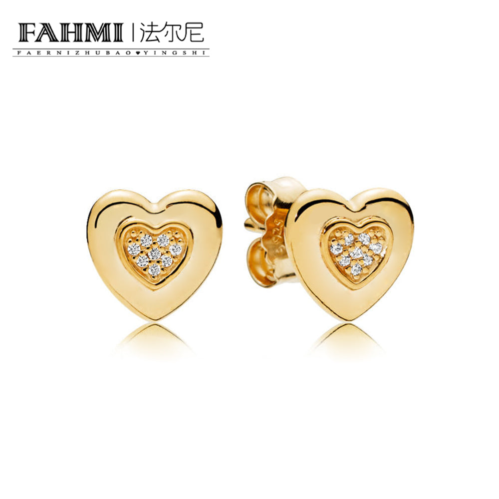 100% 925 Sterling Silver New 1:1 267382CZ Shine Logo Heart Earring Studs Original Retro Simple Jewelry