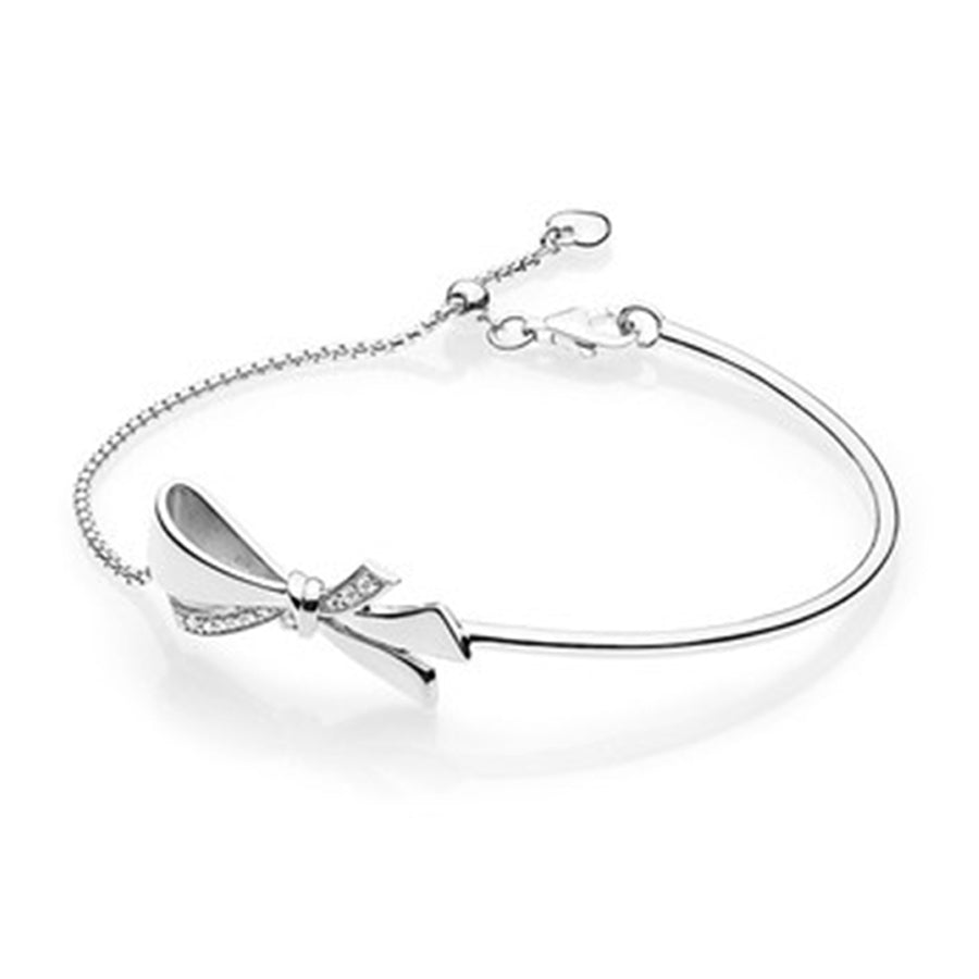 100% 925 Sterling Silver New 1:1 Gorgeous Bow Bracelet Simple Fashion Charm Love Bond Bracelet 597242CZ