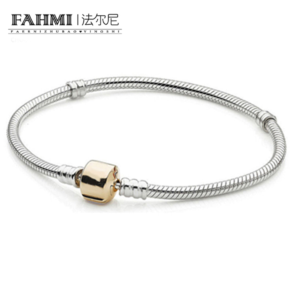 Authentic 925 Sterling Silver 14K Gold color classic buckle Snake bones bracele DIY bangle For Women Original Jewelry 8014