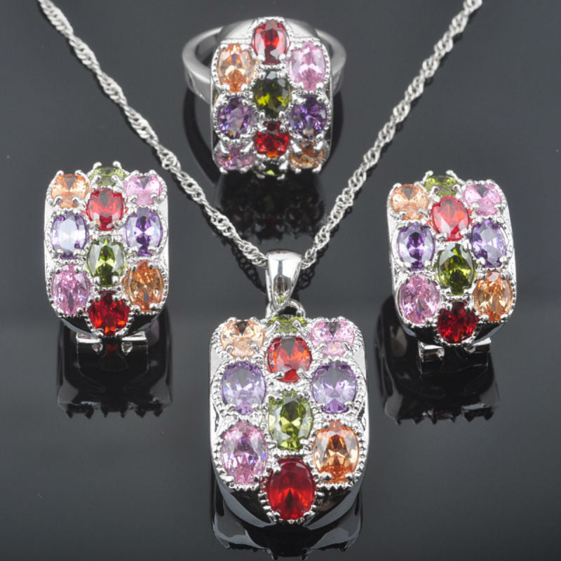 Unusual Green Zircon White CZ Women's 925 Sterling Silver Jewelry Sets Necklace Pendant Earrings Ring TZ0504