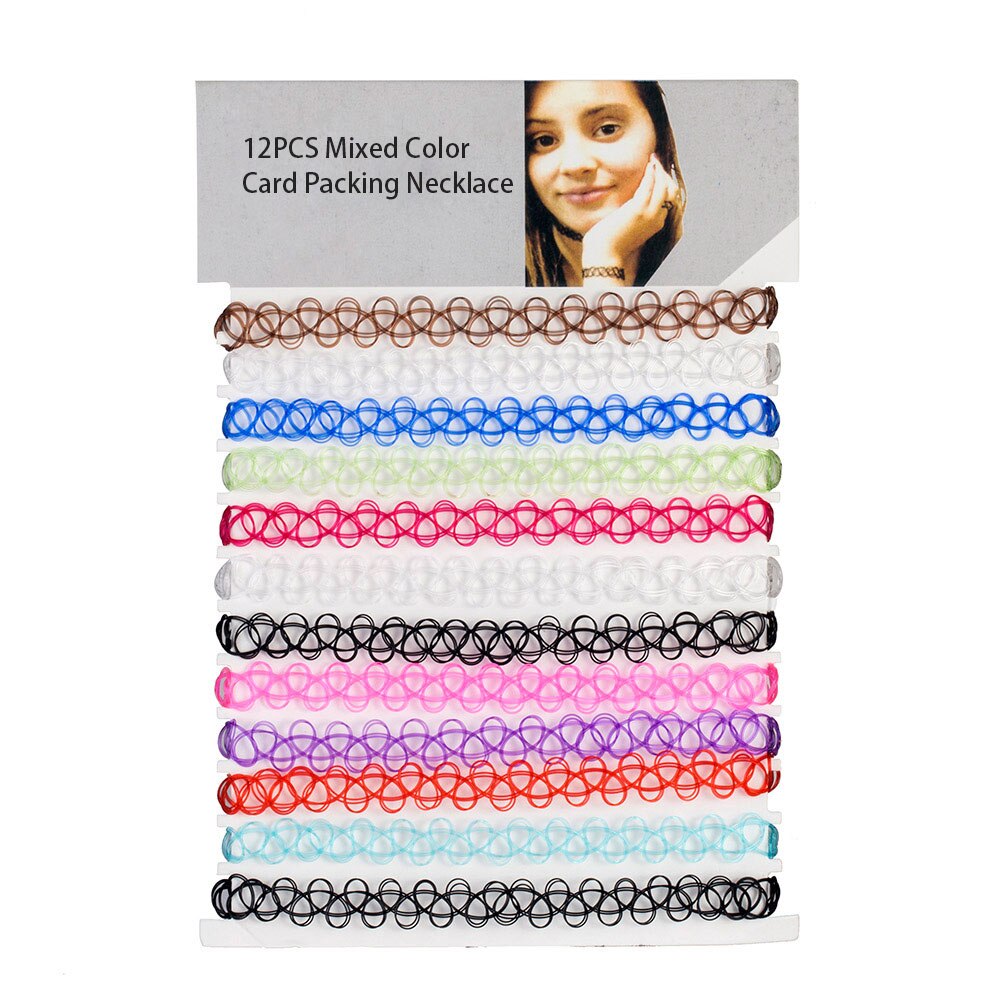 12PCS Candy Color Vintage Hippy Stretch Tattoo Choker Necklace Elastic