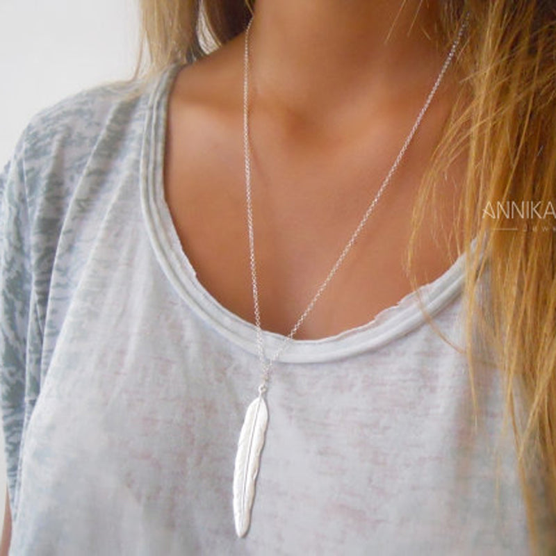 New Fashion womens vintage long necklace jewelry silver gold simple feather pendant necklaces colar Jewelry gifts