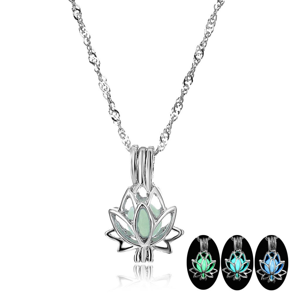FAMSHIN Lotus Luminous Pendant Necklace 3 Colors Charm Chain Pendant Glowing Stone Dark Statement Necklace Party Jewelry