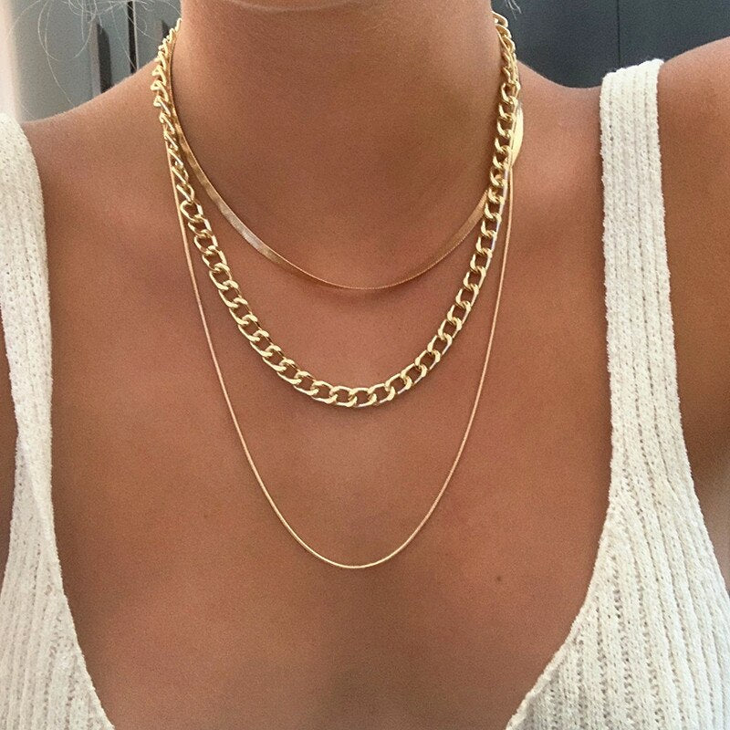 FAMSHIN Mutlti-layer Necklace For Women Men Party Thick Gold Color Cho