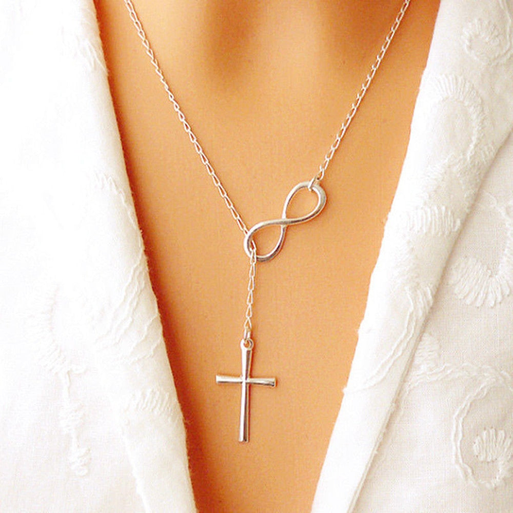 Lovely Chic infinity crosses on a long silver chain necklaces for women jewelry gift