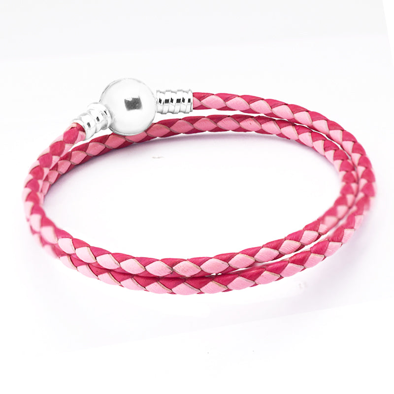 Leather Bracelets & Bangles 925 Sterling Silver Mixed Pink Woven Double Charm Bracelets for Women Men Jewelry