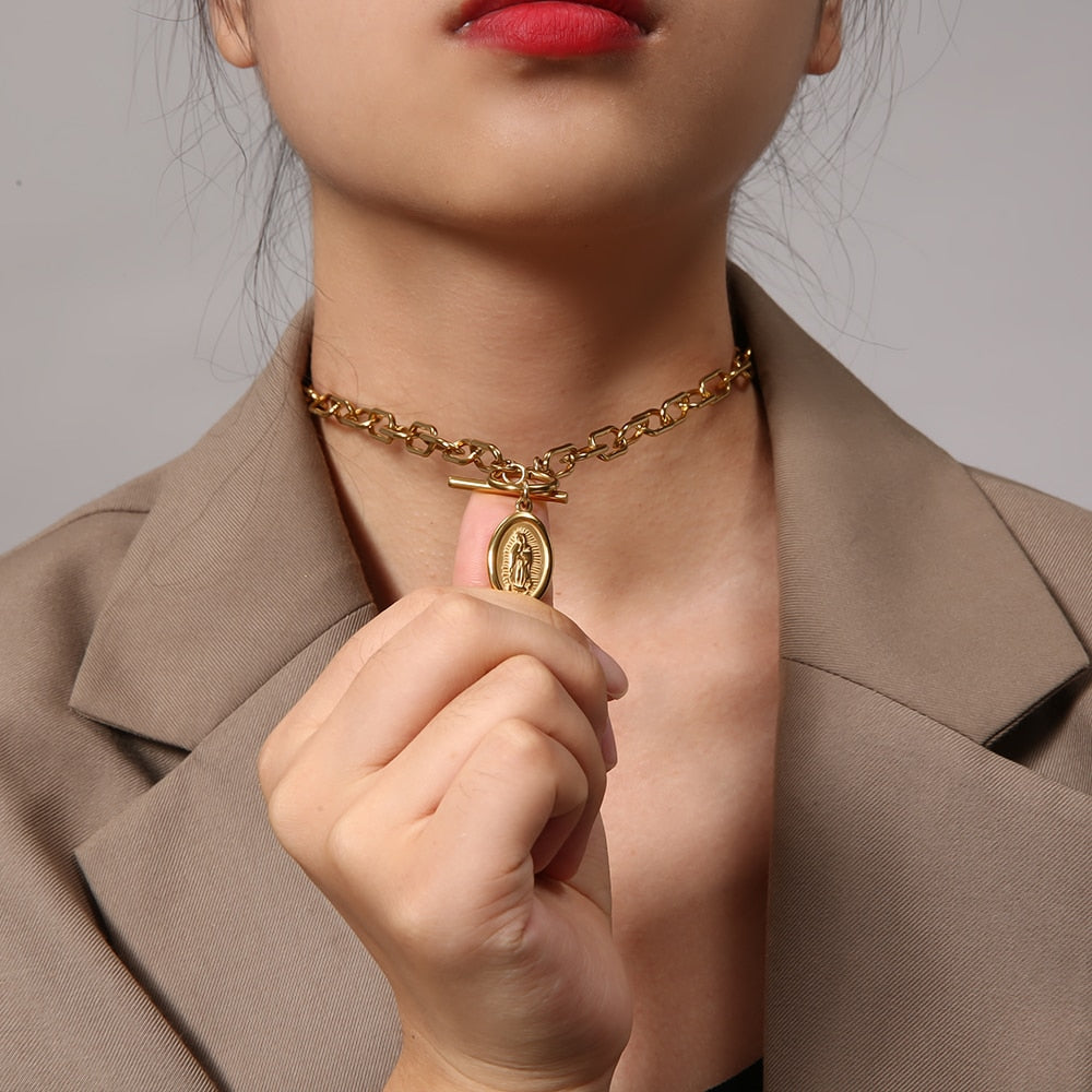 FANSHIDI Oval Virgin Mary Coin Medal Necklace Toggle Choker For Women Stainless Steel Chunky Chain Vintage Jewelry