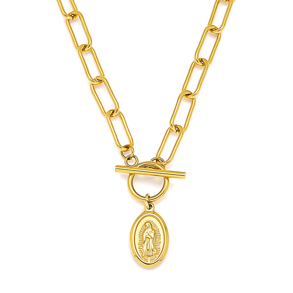 FANSHIDI Oval Virgin Mary Coin Medal Necklace Toggle Choker For Women Stainless Steel Chunky Chain Vintage Jewelry
