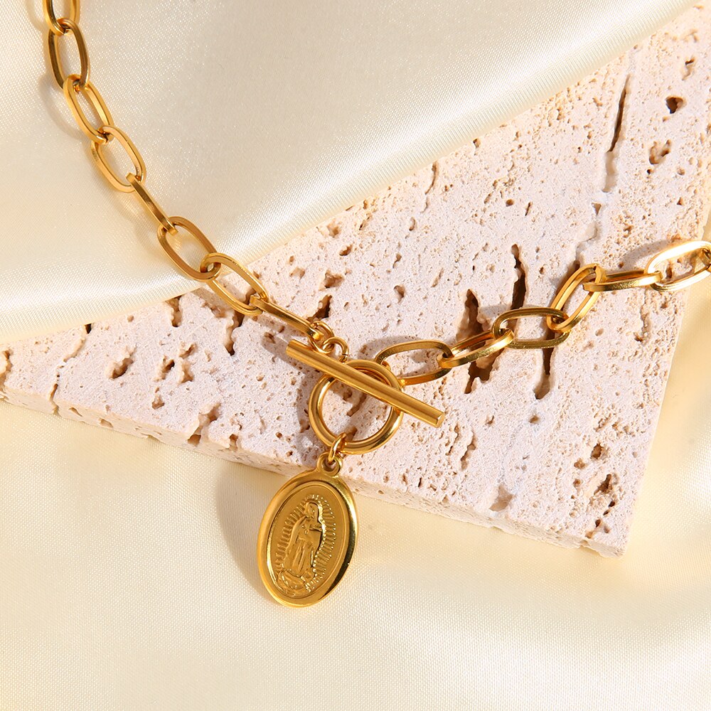 FANSHIDI Oval Virgin Mary Coin Medal Necklace Toggle Choker For Women Stainless Steel Chunky Chain Vintage Jewelry